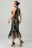 Noir doré dos nu trou de serrure frangé Gatsby des années 1920 robe avec ensemble d’accessoires 5 pièces
