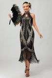 Noir doré dos nu trou de serrure frangé Gatsby des années 1920 robe avec ensemble d’accessoires 5 pièces