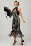 Noir doré dos nu trou de serrure frangé Gatsby des années 1920 robe avec ensemble d’accessoires 5 pièces