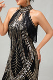 Noir doré dos nu trou de serrure frangé Gatsby des années 1920 robe avec ensemble d’accessoires 5 pièces
