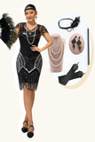 Robe courte à paillettes noires perlées d’argent des années 1920 avec ensemble d’accessoires 5 pièces
