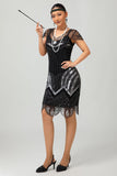 Robe courte à paillettes noires perlées d’argent des années 1920 avec ensemble d’accessoires 5 pièces