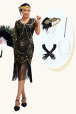 Robe noire dorée à encolure dégagée à paillettes à paillettes des années 1920 avec ensemble d’accessoires 4 pièces