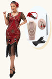 Robe à paillettes à franges à encolure dégagée noir rouge des années 1920 avec ensemble d’accessoires de 5 pièces