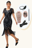 Robe noire à paillettes à franges argentées des années 1920 avec ensemble d’accessoires des années 20