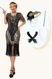 Ensemble de robe noire à paillettes dorées des années 1920 avec accessoires