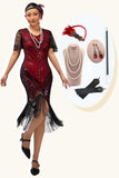 Noir Rouge Franges Paillettes Robe des Années 1920 Avec Accessoires Ensemble