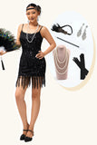 Ensemble de robe noire à bretelles spaghetti à paillettes à paillettes des années 1920 avec accessoires