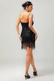 Ensemble de robe noire à bretelles spaghetti à paillettes à paillettes des années 1920 avec accessoires