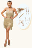 Robe scintillante à franges champagne des années 1920 avec ensemble de 5 accessoires