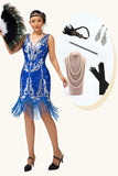 Robe scintillante à paillettes bleu royal des années 1920 avec ensemble de 5 accessoires