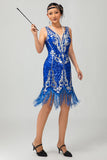 Robe scintillante à paillettes bleu royal des années 1920 avec ensemble de 5 accessoires