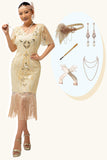 Robe à franges champagne appliques des années 1920 avec ensemble d’accessoires 5 pièces