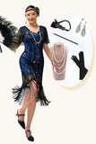 Noir Bleu Sequin Fringe Scoop Neck Robe des années 1920 avec ensemble de 5 accessoires