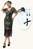 Robe à franges à paillettes vert foncé des années 1920 avec ensemble de 4 accessoires