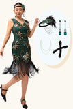 Robe verte à franges dorées des années 1920 avec ensemble de 4 accessoires