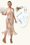 Robe à franges dos nu à paillettes champagne des années 1920 avec ensemble de 5 accessoires