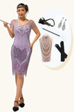 Robe à franges à paillettes violettes des années 1920 avec ensemble de 5 accessoires