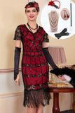 Robe moulante midi des années 1920 noire et rouge avec perles noires et rouges, paillettes et ensemble d'accessoires 5 pièces
