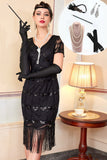 Robe moulante midi des années 1920 noire à col V avec paillettes, perles, franges et ensemble d'accessoires 5 pièces