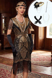 Robe midi des années 1920 noire et or moulante à franges scintillantes avec ensemble d'accessoires 4 pièces