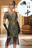 Robe moulante midi des années 1920 verte avec paillettes or, franges et ensemble d'accessoires 4 pièces
