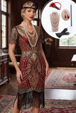 Robe moulante midi des années 1920 rouge avec paillettes or, franges et ensemble d'accessoires 5 pièces
