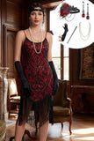 Robe midi des années 1920 noire et rouge à franges avec paillettes et ensemble d'accessoires 5 pièces