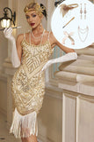 Robe midi des années 1920 à fines bretelles, moulante, abricot avec paillettes, franges et ensemble d'accessoires 5 pièces