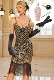 Ensemble robe midi des années 1920 or moulante à fines bretelles avec paillettes et franges