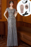 Robe grise à col rond avec paillettes, coupe fourreau à manches longues des années 1920, ensemble d'accessoires 5 pièces