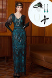 Robe longue des années 1920 noire et bleue coupe fourreau à col V avec paillettes, perles et ensemble d'accessoires 4 pièces
