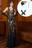 Robe longue des années 1920 en tulle sirène à col V noire et or avec paillettes et ensemble d'accessoires 4 pièces