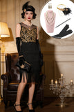 Robe midi des années 1920 noire et or à col rond avec encolure illusion, franges, paillettes et ensemble d'accessoires 5 pièces