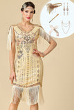 Robe midi des années 1920 coupe fourreau abricot à col V avec paillettes, franges et ensemble d'accessoires 5 pièces