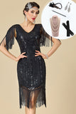 Robe noire midi des années 1920 à col V coupe fourreau avec perles, paillettes, franges et ensemble d'accessoires 5 pièces