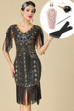 Robe moulante midi des années 1920 noire et or avec paillettes or, franges et ensemble d'accessoires 5 pièces