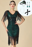 Robe midi des années 1920 à col V noire et verte moulante avec paillettes, perles, franges et ensemble d'accessoires 4 pièces