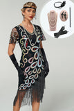 Robe moulante midi des années 1920 à col V noire avec perles, paillettes, franges et ensemble d'accessoires 5 pièces