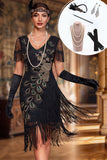 Robe moulante midi des années 1920 à col V noire avec paillettes, broderie et ensemble d'accessoires 5 pièces