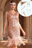 Robe bodycon des années 1920 à col en V doré rose à franges, avec ensemble d’accessoires 5 pièces