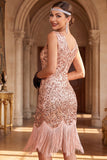 Robe bodycon des années 1920 à col en V doré rose à franges, avec ensemble d’accessoires 5 pièces