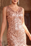 Robe bodycon des années 1920 à col en V doré rose à franges, avec ensemble d’accessoires 5 pièces