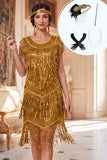 Robe des années 1920 or à col rond avec paillettes, détails scintillants et ensemble d'accessoires 4 pièces