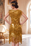 Robe des années 1920 or à col rond avec paillettes, détails scintillants et ensemble d'accessoires 4 pièces