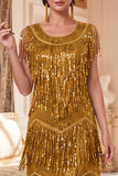 Robe des années 1920 or à col rond avec paillettes, détails scintillants et ensemble d'accessoires 4 pièces