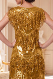 Robe des années 1920 or à col rond avec paillettes, détails scintillants et ensemble d'accessoires 4 pièces