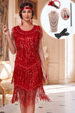 Robe midi des années 1920 à franges rouges à étages avec paillettes et ensemble d'accessoires 5 pièces