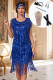 Robe midi des années 1920 bleu royal à col rond avec paillettes, volants à étages et ensemble d'accessoires 5 pièces