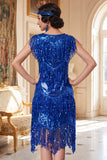 Robe midi des années 1920 bleu royal à col rond avec paillettes, volants à étages et ensemble d'accessoires 5 pièces